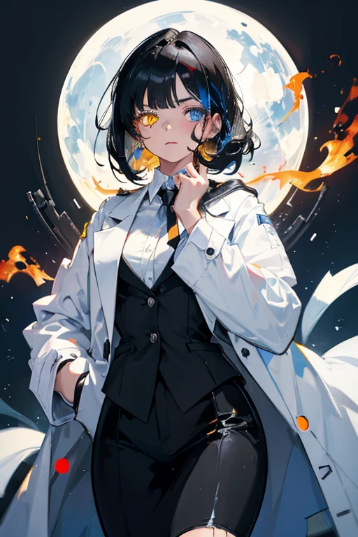 Girl with black hair falling to her shoulders, white and yellow heterochromia, white scientist coat, black business clothes underneath, burn scar on her face, burn on her face, scars