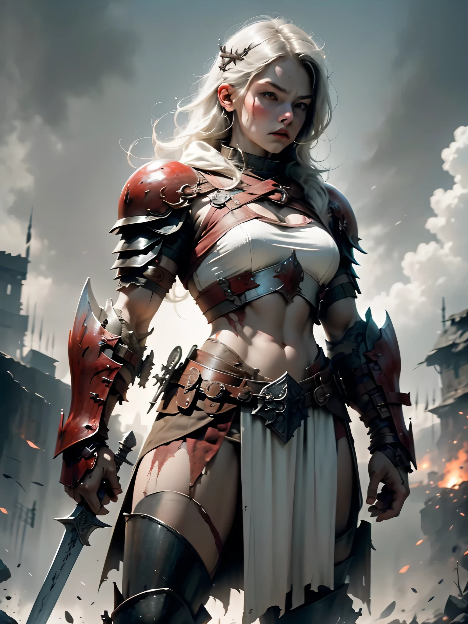  an image of a female Viking warrior, muscular and fierce, standing in a battle-scarred landscape with blood rain pouring down around her. She's got an 8-pack and is wielding a sword and shield, ready to take on whatever comes her way.