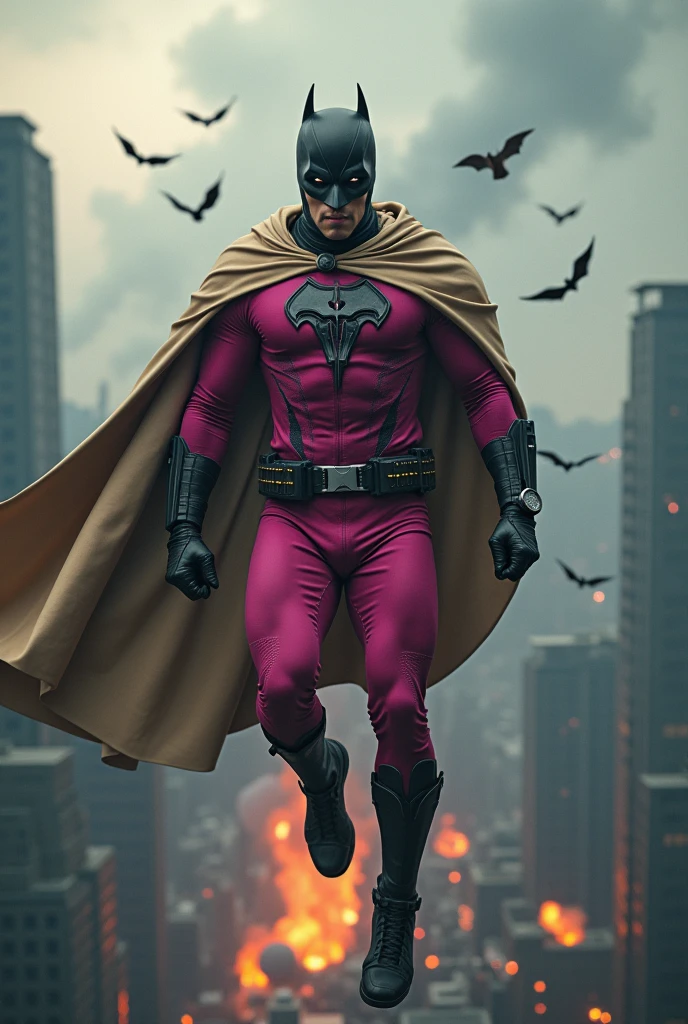 Malaysia man in high-tech suit, vivid effects, malaysian superhero (KELUANG MAN) in a striking pink and beige costume cyberpunk design, mask small mini bat ear beige, daredevil beige mask, jumpsuit dark pink stands confidently in a dramatic.jumping from high place.hero costume.one hand rise up. Big triangle logo on the chest.high detail Punisher logo on the chest. Fighting pose , stormy landscape. ((Head covered node guard like batman. Running pose , athletic body type, small mini ear bat mask))The character wears domino mask a helmet with pointed mini torn ears and a flowing cape biege, open nose and mouth. Equipped with visible futuristic weapons on a belt,bullet proof jacket pink dark day.show fingers pose, dark night, big supermoon effect . Small logo on chest triangle shape small punisher logo center(( skull triangle Casey Jones mask shape logo)) center on chest pink logo mini logo . rocky. Building top.smoke ground , bomb effect background, losse pants, losses costume.adding to --ar 3:4 --style raw --stylize 500 --v 6.1. chaos. Lot of small flying bat. One leg on the high stone. Man. Wear hologram watch.. Real man age 40 year old. One hand holding belt.one hand holding black rope hanging on building. Big pant pink. Beige cape joodie.(( Loose pant)) , jump on high building)marvel , X-Men.