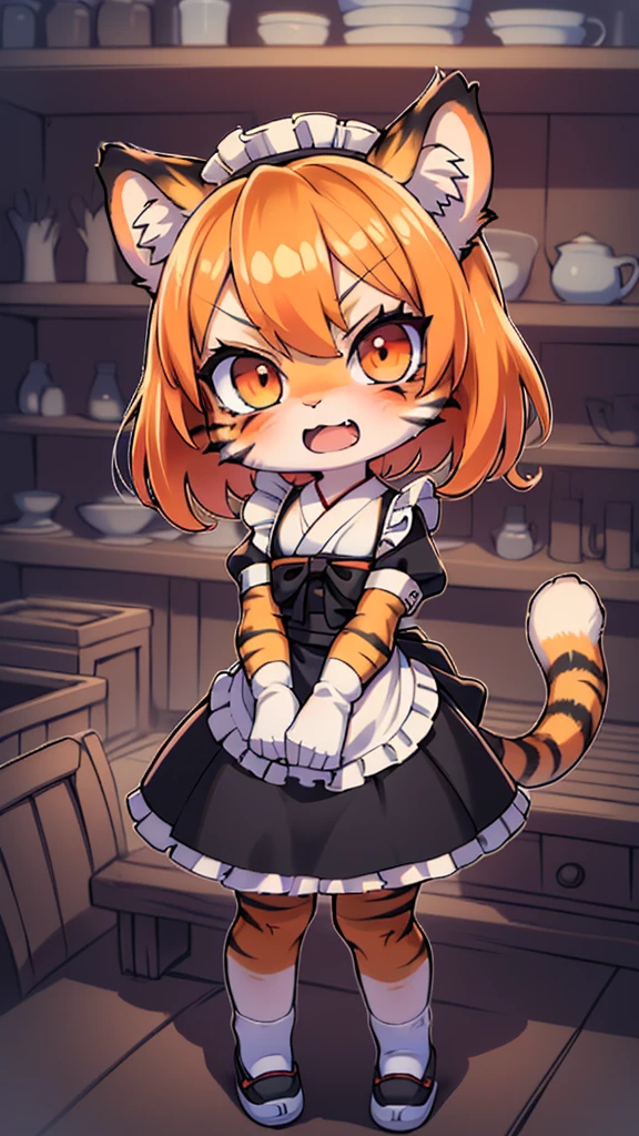 (masterpiece, High quality, Best quality, 8k, High resolution), ((chibii style, chibi cute)), ((solo, 1 kid girl)), {tiger girl, tiger face, 1 fang, long eyelashes, eyeliner} {tiger whiskers}, (((Tiger skin all over the body, Tiger stripes on the body))), (short hair, orange hair), ((Murderous look, very angry,)), ((open mouth)), orange eyes, ((from below)), (flat chest), thin arms, ((black traditional japanese long maid outfit)), {{maid hat}}, {{maid gloves, long white pantyhose, sneakers}}, {{{mini tiger Tail, Tail on the back}}}, ((full body, standing, crossed legs)), home background, (blue sky, day, blur background, clouds), ((((Tora-chan no Hanayome style)))), (old anime 40s style), anime style.