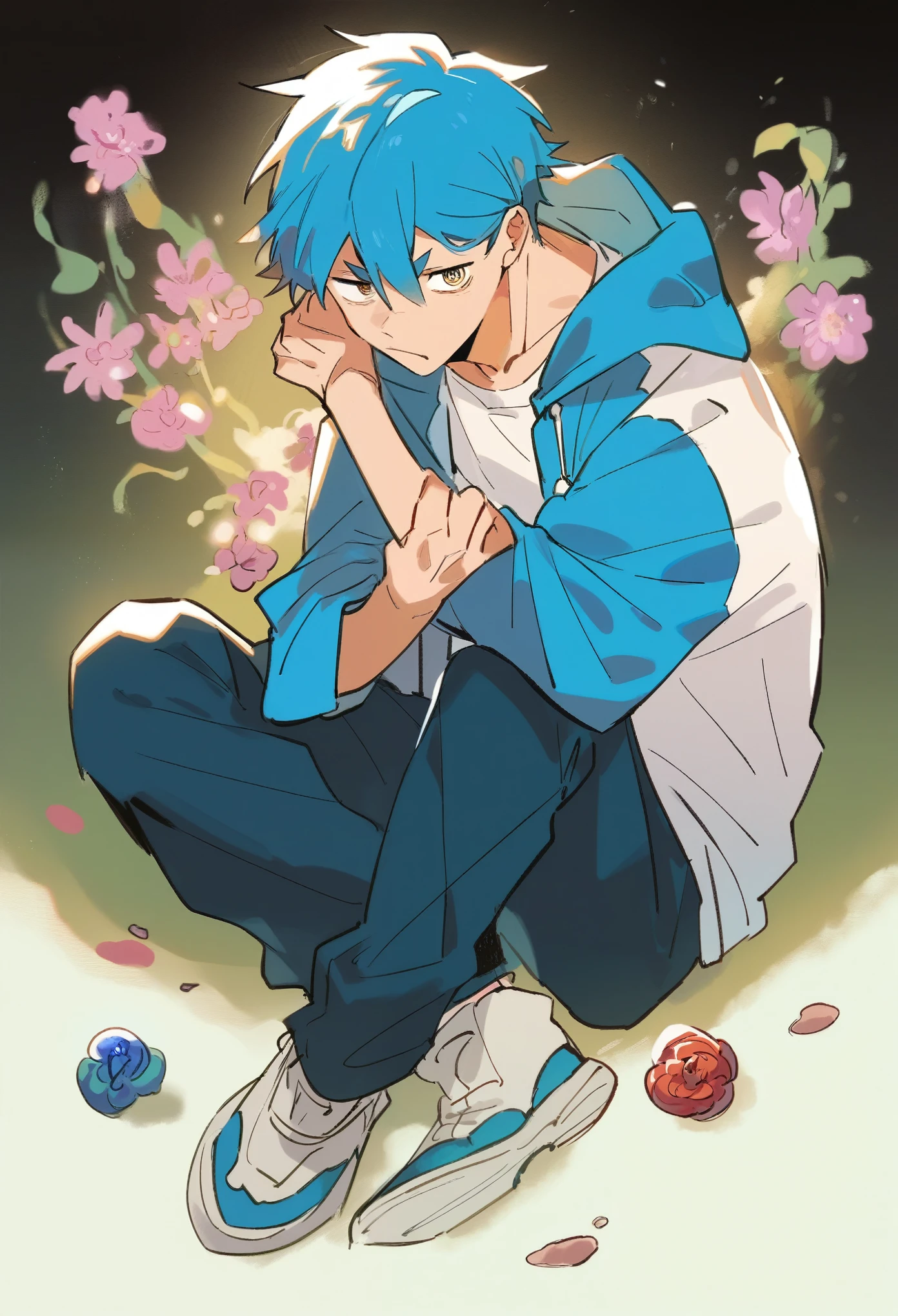 He is a young man, light skinned, with spiky cyan hair and a confident expression and also his blue hair. He wears a prom-colored t-shirt, a white sweatshirt with a blue hood and a forbidden sign on the back, and a flower-shaped lock of hair that he sees on his head, but also black pants and thin eyebrows and sanpaku eyes and a full body and a serious look.