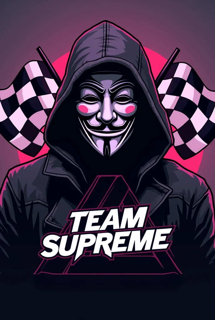 Logo with Vendetta character and Team Supreme logo in purple with black and racing flag