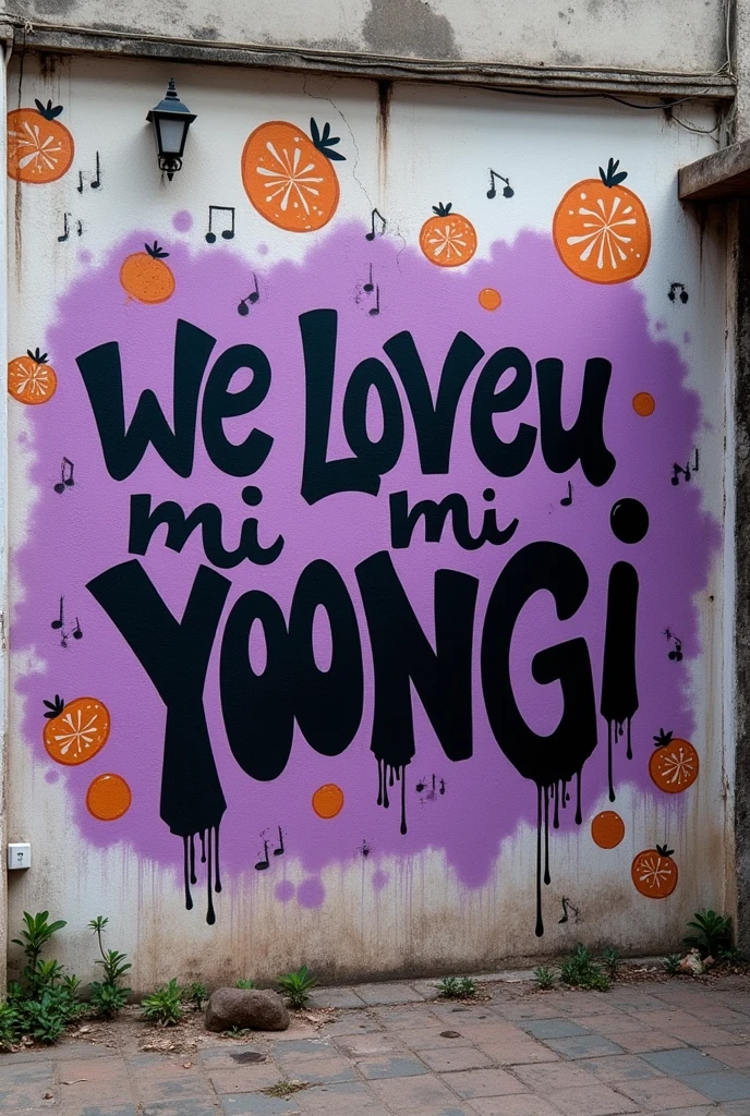 An image of graffiti on a wall in a city in Brazil with the words &#39;We love you Mi Yoongi&#39; and &#39;BTS&#39; written as black graffiti with some purple details., small drawings of tangerines.