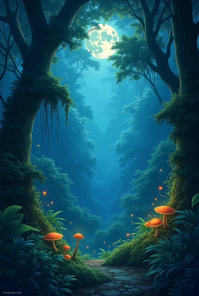 Brush stokes rainforest in the middle of the night, illustration, studio ghibli 