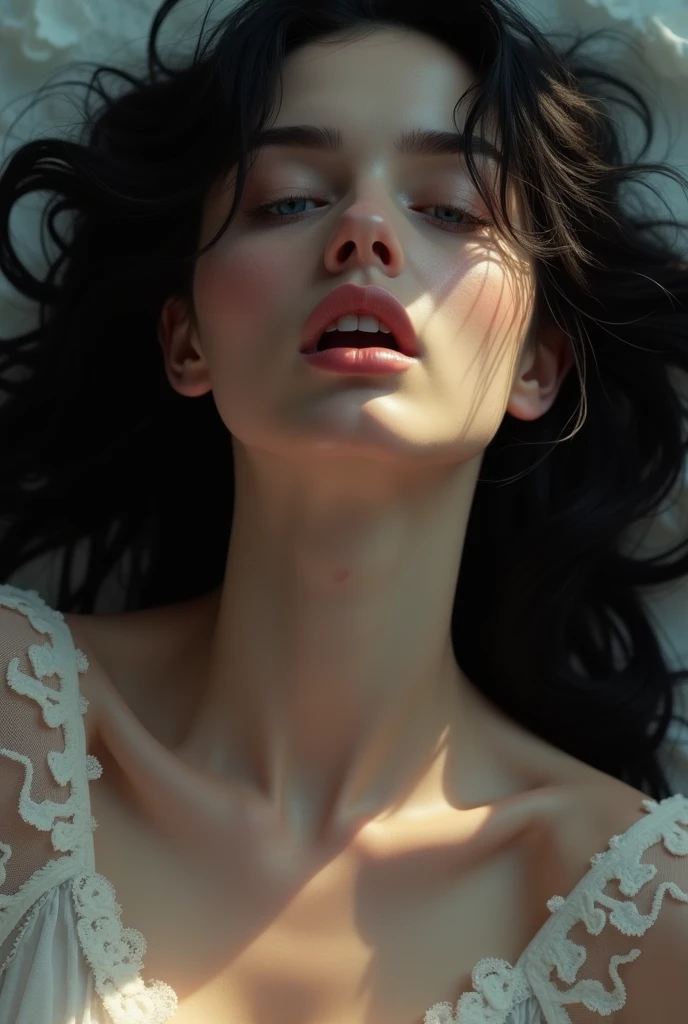 a pale woman with blue eyes and jet black hair having an orgasm