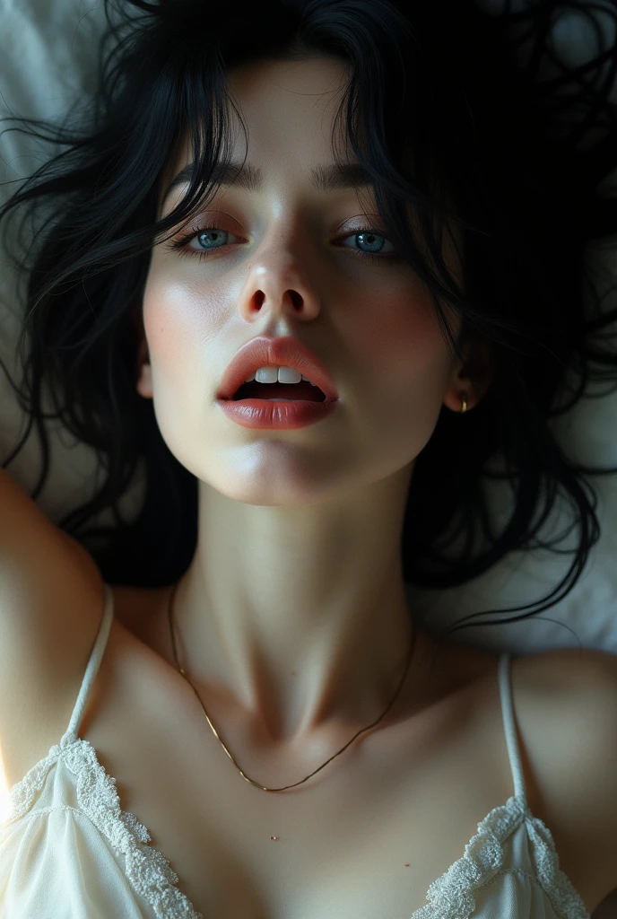 8K, Top Quality, Intricate Details, Ultra Detail, Ultra High Resolution, Masterpiece, full body,  Slender, Smile, (Makeup: 0.4), (Fluffy Blue Eyes: 1.21), blue Eyes, looking at viewer, ((full body)), 1girl, solo, 1 girl, (( full body)), , , ((tall)), (((fit body))), (((slim face))), sharp face, sharp eyes, (((black hair, )) , (detailed face), sharp face, small lips, lying down, arms up, open leg,
 (( )), ((naked)),  detailed face, detailed breast, , large breast, detail ass, , Beautiful girl with accentuated slender abs: 1.4, Six Pack Abs: 1.4, Bust Botox, Big, Perfect Body, detail leg, (( dark background)), black background, full body,