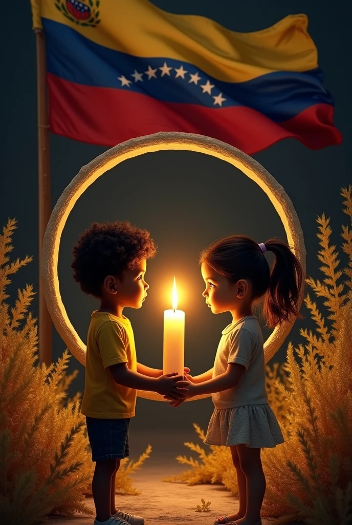 Image on black background dark-skinned boy and a white girl holding a candle ring each one one end of the ring at the bottom of the image golden plants at the top the flag of Venezuela 