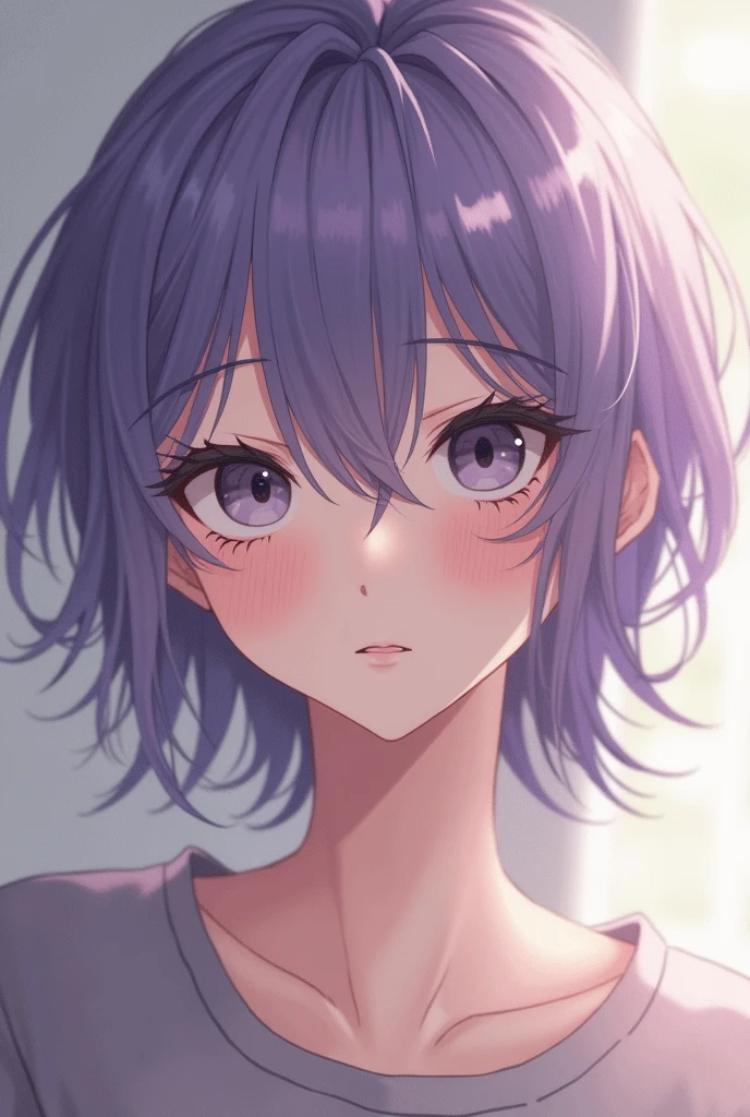 Short feminine male, non-revealing clothes, purple hair, grey eyes, uwu, adult
