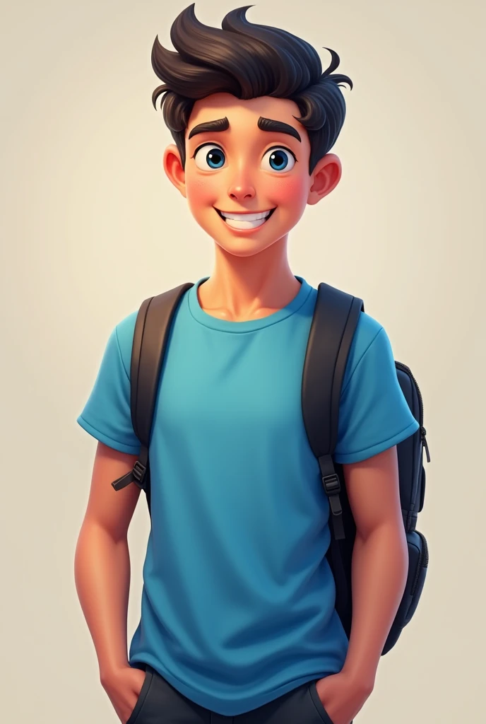 man, a blue t-shirt, some black pants, short black hair, clear skin, dark blue eyes, light pink lips, a backpack on his back, happy