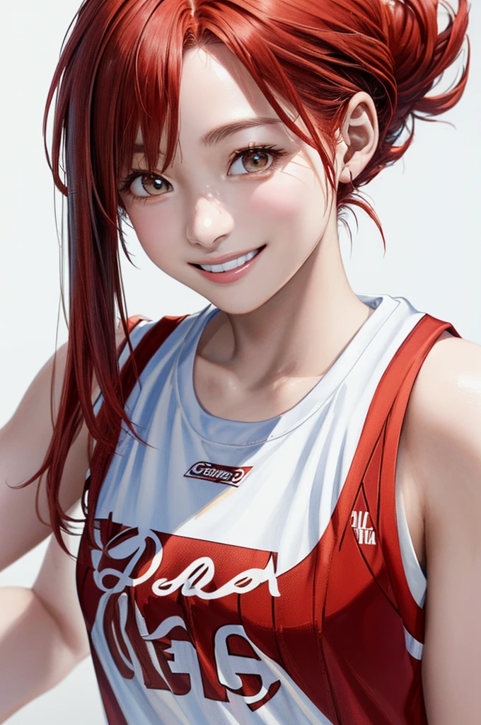 (((Cowboy Shot、female solo shot、oil、Pure white wall background、masterpiece、Highest quality、High resolution)))、Redhead、Side ponytail hair、(((I am wearing a white and red T-shirt.)))、(((T-shirts with English text)))、Fashionable hairstyles、Red cheeks、((No shadow、Frame In))、Cute Face、((Small breasts))、Laughing、Smiling face、Teeth are visible、((Touching their chin))、(((Oversized T-shirt)))、(((T-shirt with writing)))