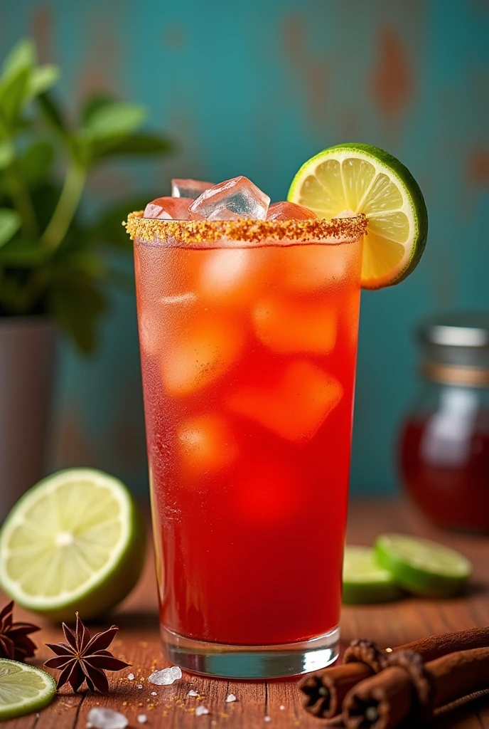 A PHOTOGRAPH OF A MICHELADA TITLED THE 5 EYE-CATCHING AND FUN, with vibrant colors that reflect the energy and joy of the micheladas. You could use a style that combines the artisanal and the modern., to highlight both the quality and freshness of the product