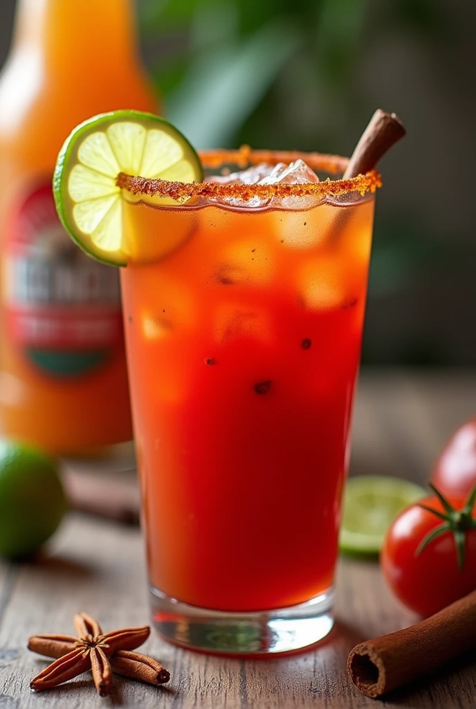 A PHOTOGRAPH OF A MICHELADA TITLED THE 5 EYE-CATCHING AND FUN, with vibrant colors that reflect the energy and joy of the micheladas. You could use a style that combines the artisanal and the modern., to highlight both the quality and freshness of the product