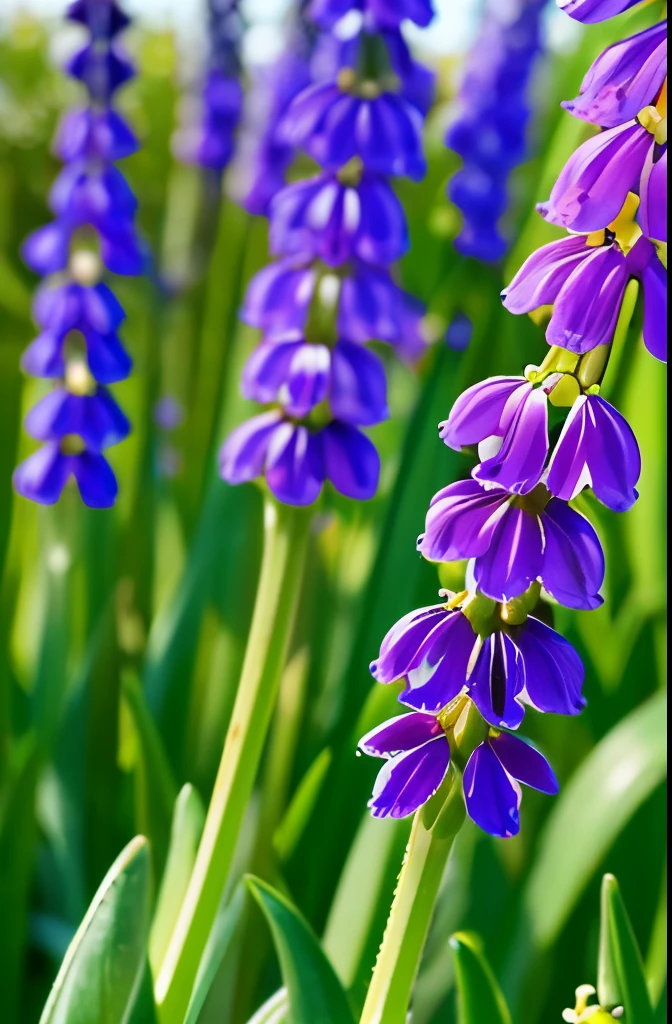 purple flowers with white stems in the grass in the sun, a macro photograph by Hans Schwarz, flickr, art nouveau, dew, springs, spring, spring early morning, early spring, dew drops, grape hyacinth, dewdrops, by rainer hosch, beautiful!!!!!!!!!, spring early, beautiful!!, beautiful!!!, violet, beautiful!, springtime morning