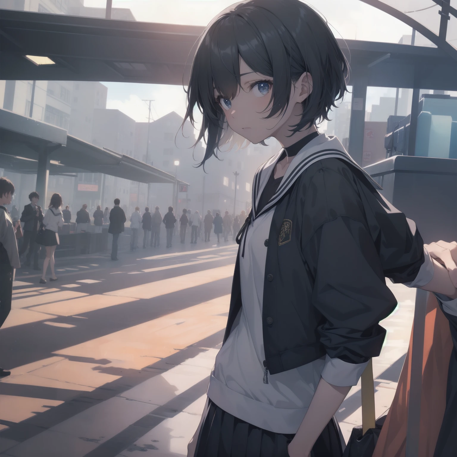 ultra-absurdres-Top quality by artist God, ultra-detailed, high resolution, anime moe artstyle, best anime 8k konachan wallpaper, pixiv contest winner, pool:2810, perfect anatomy,break, 1girl, (Please draw a girl walking sleepily to school alone. )break,(Solo,little female,15yo:1.3),Full limbs, complete fingers,a junior high school student, (very short hair), short cut, flat chest, , small butt, small black eyes, beautiful detailed eyes, well-proportioned iris and pupils, expressive eyes, highres detailed hair, soft expression, salor school_uniform, sailor collar, serahuku, bow, pleated skirt,(Detailed Lighting), (Detailed background), in the School commute route. break,super detailed skin, Best cinematic lighting powered by famous artist, 8k,beauty illustration,photoshop_(medium),very aesthetic,break,((artist:echo_(circa) )), artist:clamp ,artist:carnelian ,artist:kantoku ,
