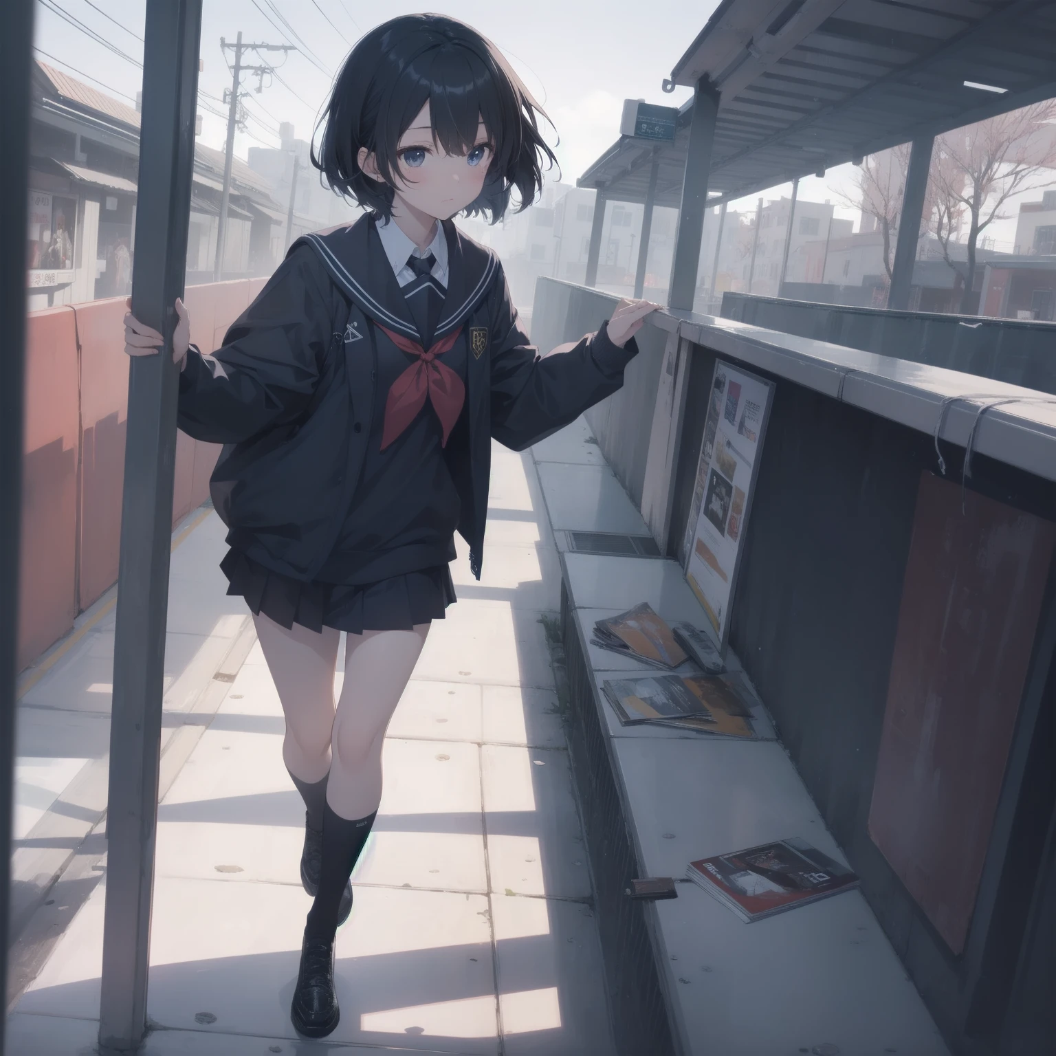 ultra-absurdres-Top quality by artist God, ultra-detailed, high resolution, anime moe artstyle, best anime 8k konachan wallpaper, pixiv contest winner, pool:2810, perfect anatomy,break, 1girl, (Please draw a girl walking sleepily to school alone. )break,(Solo,little female,15yo:1.3),Full limbs, complete fingers,a junior high school student, (very short hair), short cut, flat chest, , small butt, small black eyes, beautiful detailed eyes, well-proportioned iris and pupils, expressive eyes, highres detailed hair, soft expression, salor school_uniform, sailor collar, serahuku, bow, pleated skirt,(Detailed Lighting), (Detailed background), in the School commute route. break,super detailed skin, Best cinematic lighting powered by famous artist, 8k,beauty illustration,photoshop_(medium),very aesthetic,break,((artist:echo_(circa) )), artist:clamp ,artist:carnelian ,artist:kantoku ,
