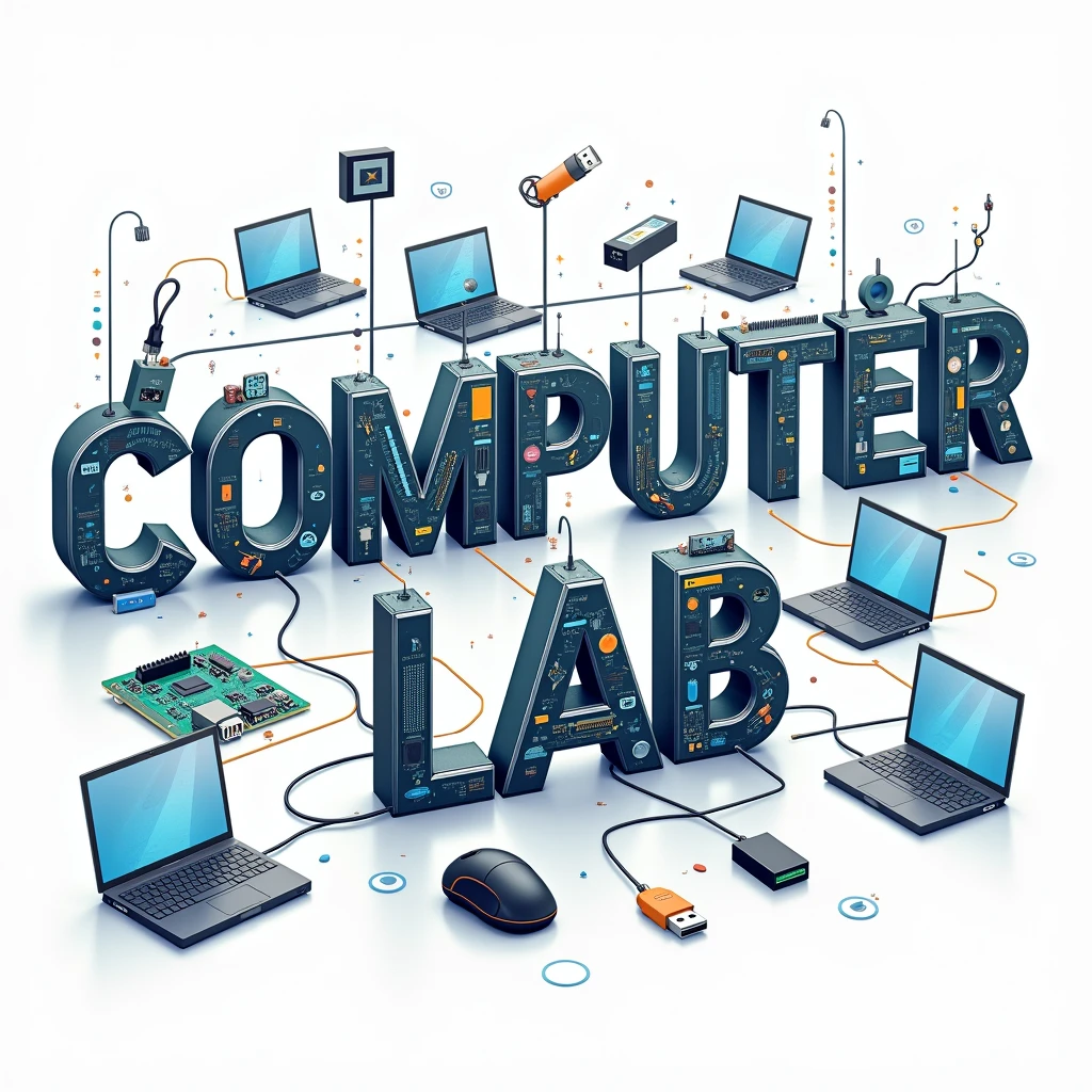 Illustrate the words "Computer Lab" and have each letter completely filled with an object from the field of computer science. Let the size be 1024x780
Illustration concept:
C: CPU (Central Processing Unit)
O: Optical Mouse
M: Motherboard
P: Power Supply Unit
U: USB Flash Drive
T: Tablet
E: Ethernet Cable
R: RAM (Random Access Memory)
L: Laptop
A: Arduino Board
B: Bluetooth Headset