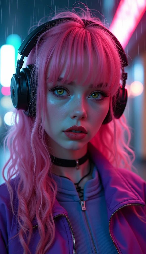 (Close-up of a better masterpiece: 1.5) 0.9], (Garota synthwave VAMPIRA , : 1.2) (PINK long curly hair, Wearing Headphones: 1.1) (Xanthochromia, heterochromia and GREEN eyes: 1.2) (wearing a purple jacket: 1.0) (thick lips: 1.0) (background a dark and rainy futuristic city: 1.1) high definition, in detail, 4K