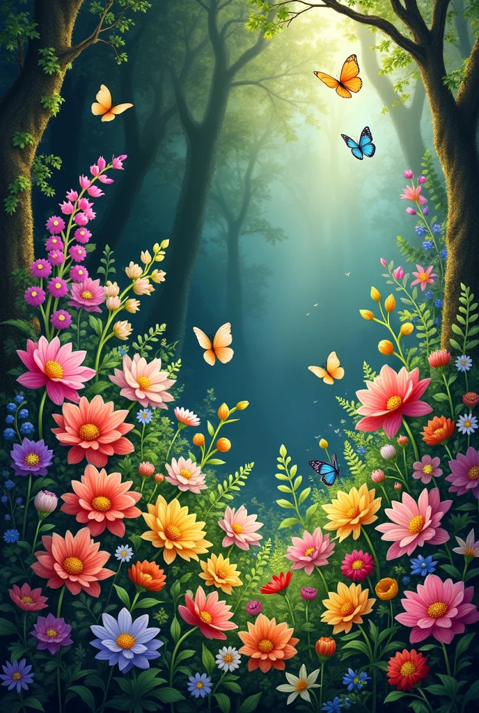 Some only  Flowers in forest painting only flowers no tree but butterflies hona chahiye