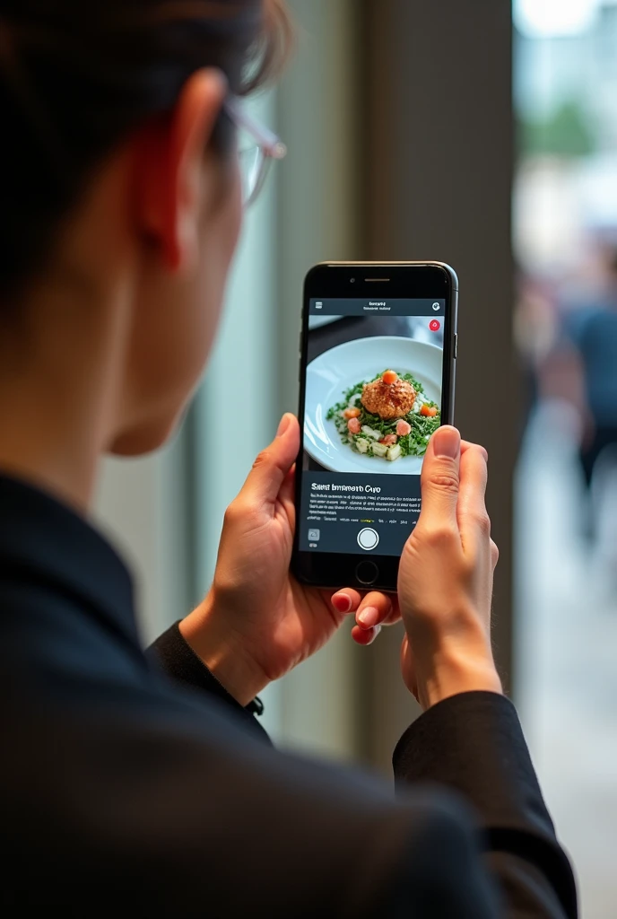 Give me a person taking a picture of a plate of food, but the plate of food is only seen on the screen of your cell phone and is not seen on the table.
Additionally, I need the information about the food, such as the name, to be displayed on the person's cell phone screen.