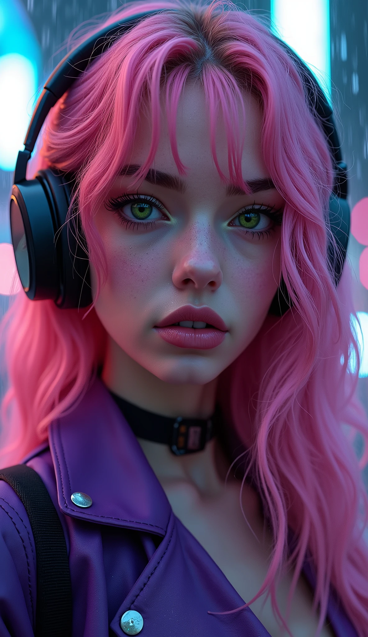 (Close-up of a better masterpiece: 1.5) 0.9], (Garota synthwave VAMPIRA , : 1.2) (PINK long curly hair, Wearing Headphones: 1.1) (Xanthochromia, heterochromia and GREEN eyes: 1.2) (wearing a purple jacket: 1.0) (thick lips: 1.0) (background a dark and rainy futuristic city: 1.1) high definition, in detail, 4K