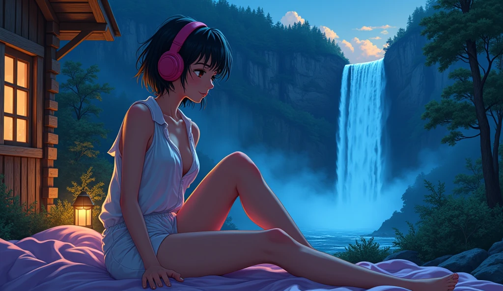 sexy girl with short hair wearing pajama, his big breast half open, at night. relaxed listening to music with headphones., sitting on the chair outside cabin very close huge waterfall. Anime style, Lo-fi,vibrant Ambiance