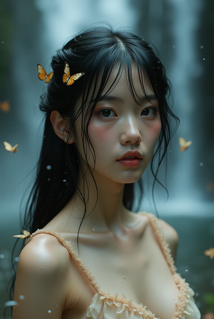 (((Full body image of a woman))),(Model shooting style), (shy), 1 person, Lonely, Shiny black hair、 Extremely rich facial detail, Beautiful eye, cute, cheeks turn a little red,bright, eye, Stunning beauty, Front blur(Rembrandt Lighting), ARRI Lenses, Surreal, (Skin with attention to detail:1.2),4K,Ali Alexa LF,promise, Dramatic Rim Light,Sparkle Effect, high quality,Very delicate and beautiful, wonderful, In detail, masterpiece, Very detailed, High resolution,Best Shot, Best Shadow,Complex,Sharp focus, high quality, 1. Japanese women, alone.cute,Fuka Koshiba,Yuki Sakurai,Magnificent waterfalls,Water Drop,Wet,Lens flare,Sleeveless,Frills,Beautiful breasts,Swallowtail,Butterflies fluttering,クールなeye,Glossy Lips,An ennui smile,Glowing Skin,Clear Skin,From above,Open your arms,Waistline,Beautiful nipples,((No shirt, very good, Naked underneath, Bare Chest, Barely cover the nipples)),((Wet, Her clothes are transparent, Her body and skin were sweating)),((View from behind, From above見た図, Bare back)),bloom