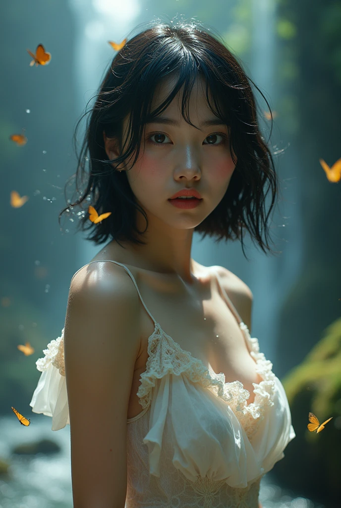 (((Full body image of a woman))),(Model shooting style), (shy), 1 person, Lonely, Shiny black hair、 Extremely rich facial detail, Beautiful eye, cute, cheeks turn a little red,bright, eye, Stunning beauty, Front blur(Rembrandt Lighting), ARRI Lenses, Surreal, (Skin with attention to detail:1.2),4K,Ali Alexa LF,promise, Dramatic Rim Light,Sparkle Effect, high quality,Very delicate and beautiful, wonderful, In detail, masterpiece, Very detailed, High resolution,Best Shot, Best Shadow,Complex,Sharp focus, high quality, 1. Japanese women, alone.cute,Fuka Koshiba,Yuki Sakurai,Magnificent waterfalls,Water Drop,Wet,Lens flare,Sleeveless,Frills,Beautiful breasts,Swallowtail,Butterflies fluttering,クールなeye,Glossy Lips,An ennui smile,Glowing Skin,Clear Skin,From above,Open your arms,Waistline,Beautiful nipples,((No shirt, very good, Naked underneath, Bare Chest, Barely cover the nipples)),((Wet, Her clothes are transparent, Her body and skin were sweating)),((View from behind, From above見た図, Bare back)),bloom