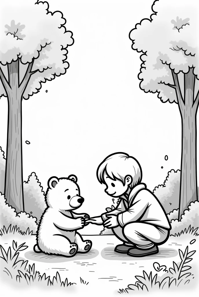 Raise a bear in the forest, tipo cartoon, uncolored, linhas grossas, completely white background