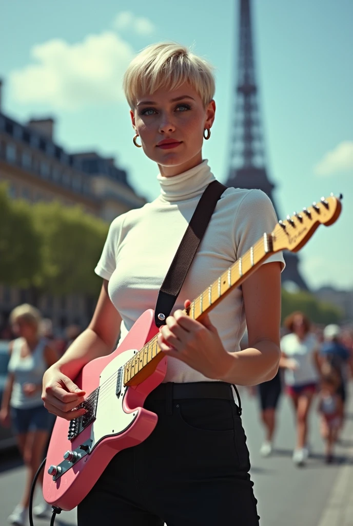 The time is the summer of 1966 in Paris.、She is a very beautiful and glamorous 2 white girl who is an idol pop singer.、Blue Eyes、freckles face、Short blonde bob hair、She sings and plays her battered, peeling Gibson acoustic guitar on a crowded Champs-Élysées in 1966.、Large polka dot dress（Blue dress with white polka dots）Chic sandals、Thin pearl necklace、Old Renault on the street、Volkswagen Beetle、Mini Cooper、Vespa、Triumphs and other brands are on the move.、She is happily strumming her guitar and singing loudly.、Professional portraits with great angles and lighting、Very large, pendulous breasts、Large cleavage between swaying, saggy breasts、Perfect, voluptuous, young and cute idol&#39;s proportions、Eiffel Tower、Clouds in the blue sky、The wide shot shows her whole body and the streetscape.、Cobblestones、Vintage 1950s Dynamic Vocal Microphone、
