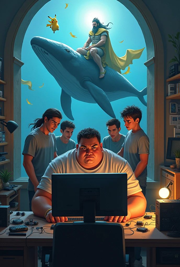 Draw a fat man playing computer and his angry friends watch behide him  posidon ride a whale pikaju falling