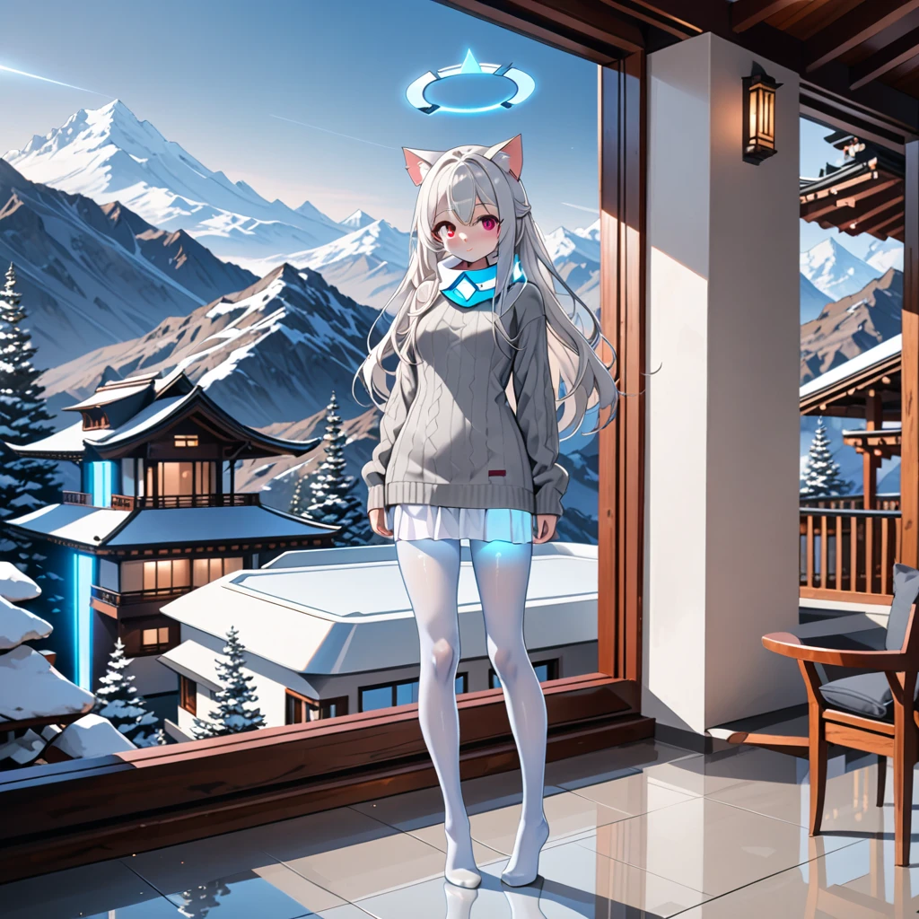 masterpiece, highest quality, highest resolution, clear_image, detailed details, white hair, long hair, 1 girl, cat ears, red eyes, futuristic halo, gray sweater, white scarf (around the neck withn a light blue glow), white pantyhose, full body, no water marks, no panties, no skirt, in mountain villa