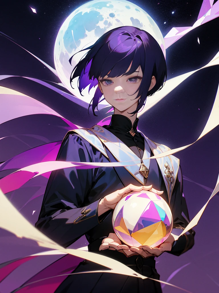 had a crystal ball、A man with purple and black bob hair、With the night sky and moon in the background、The composition is centered on the upper body.