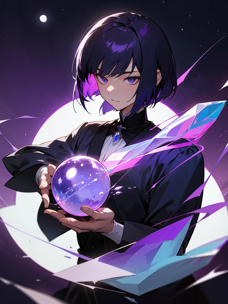 had a crystal ball、A man with purple and black bob hair、With the night sky and moon in the background、The composition is centered on the upper body.