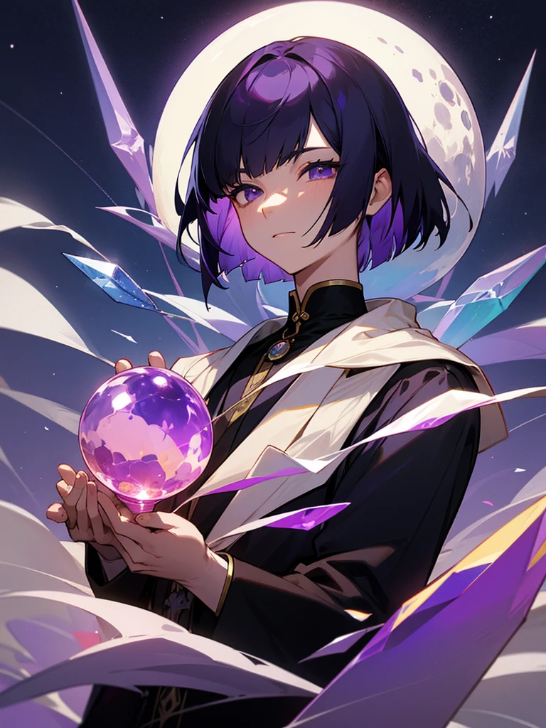 had a crystal ball、A man with purple and black bob hair、With the night sky and moon in the background、The composition is centered on the upper body.