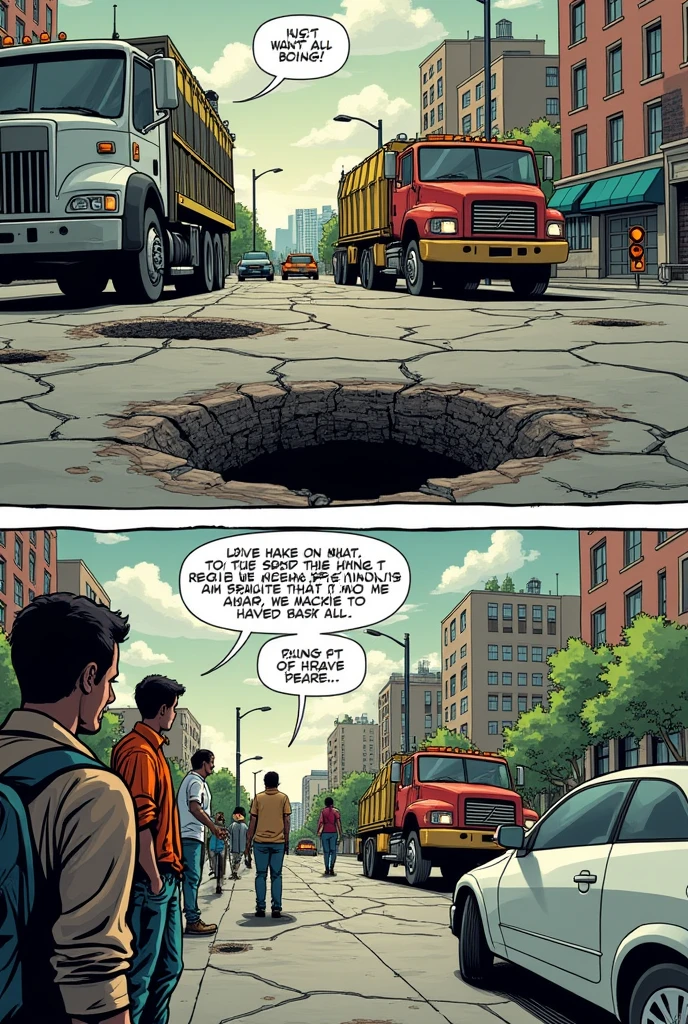 A two-page comic about the problem of potholes with text 