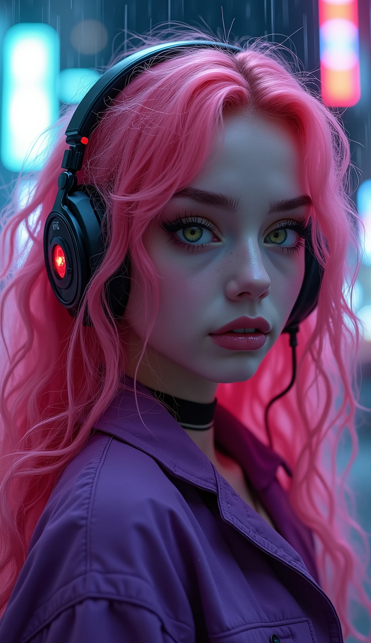 (Close-up of a better masterpiece: 1.5) 0.9], (Garota synthwave VAMPIRA , : 1.2) (PINK long curly hair, Wearing Headphones: 1.1) (Xanthochromia, heterochromia and GREEN eyes: 1.2) (wearing a purple jacket: 1.0) (thick lips: 1.0) (background a dark and rainy futuristic city: 1.1) high definition, in detail, 4K