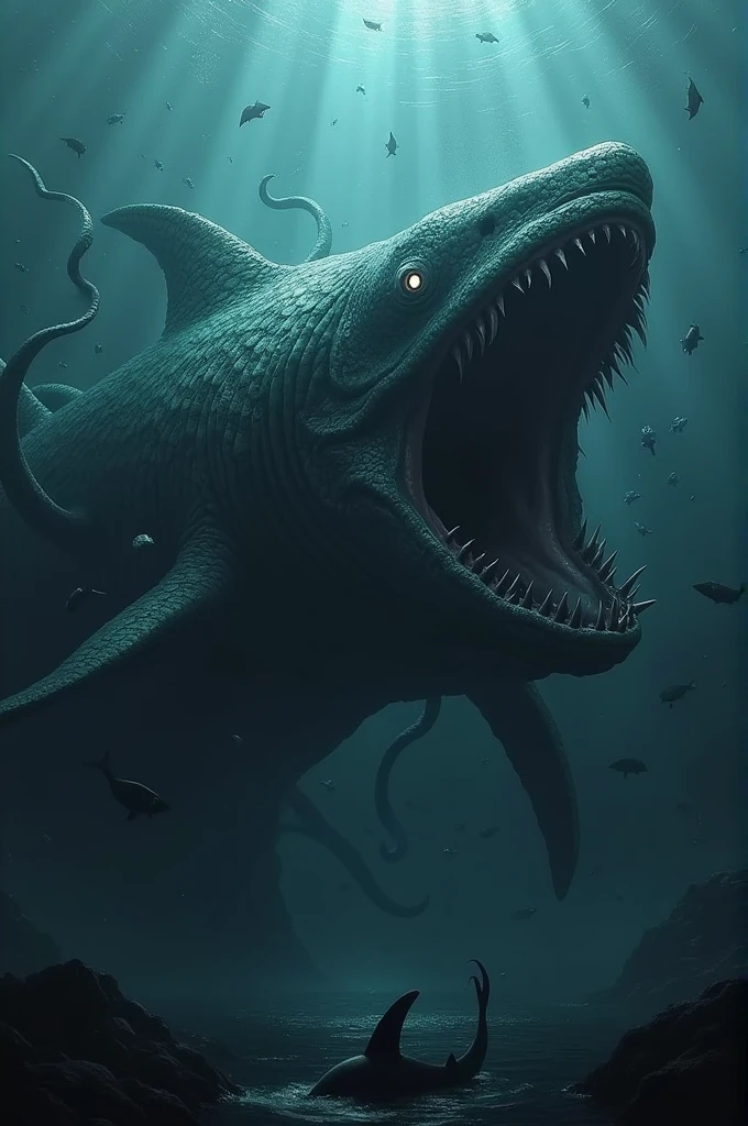 Want to create a big megalodon with dragon scales and squid tentacles with glowing eyes swimming to eat a shark, deep sea background, scary, mysterious, high definition image,
