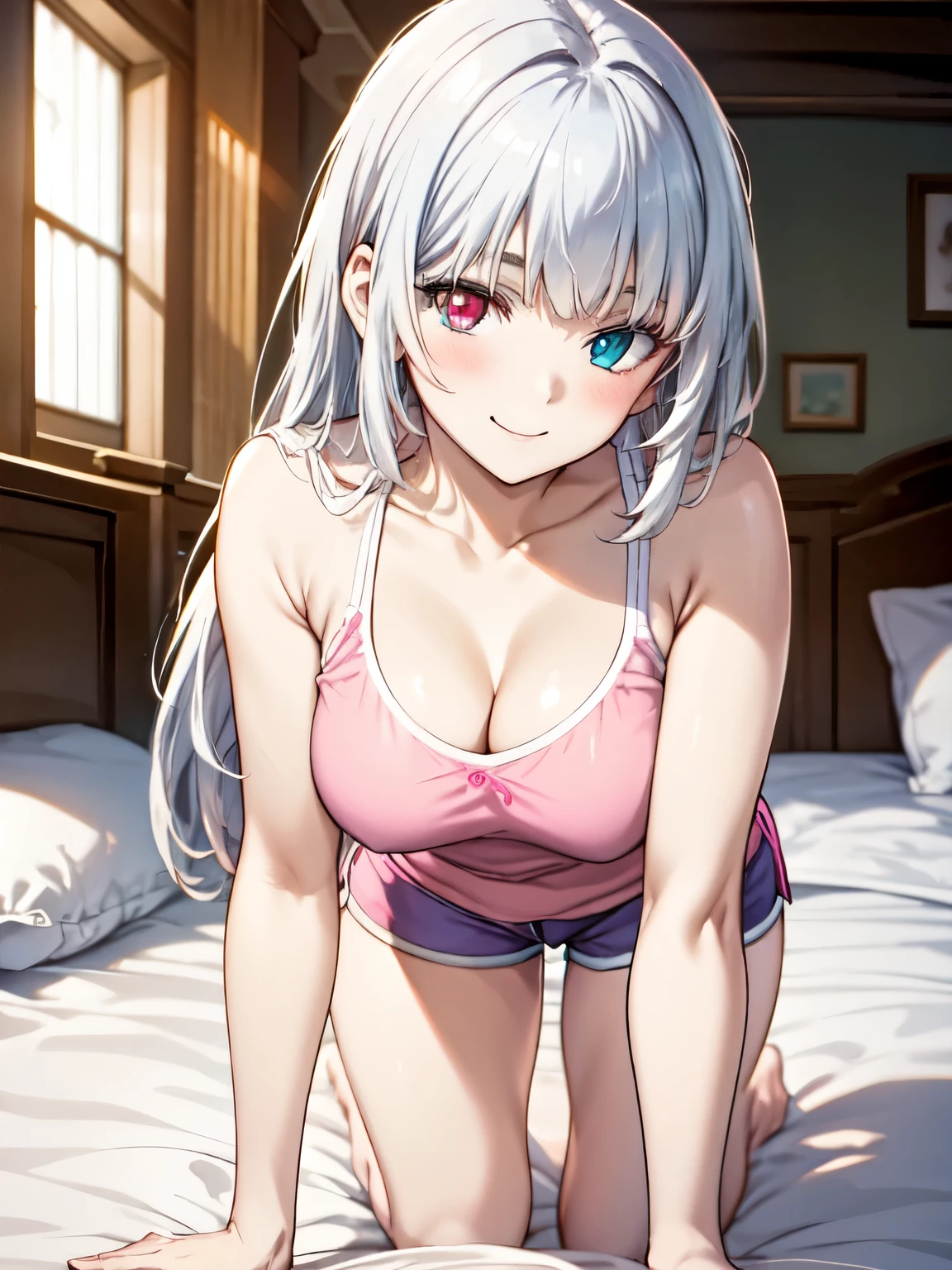 Highest quality,Otome、Shooting from the front、smile、indoor、High resolution、Standing、Bedroom、Bed、Luminous_Valentine,High resolution、 (Red Eyes:1.4、Heterochromia iridis、blue eyes:1.3), Round eyes, Beautiful eyelashes、 綺麗な魅力的な白Silver Hair、Long Hair、Silver Hair、Beautiful and attractive red-blue eyes、smile、Closed Mouth、smile、(Pink camisole、Pink shorts:1.3)、Cute pajamas、Frilly pajamas、Beautiful Eyes, Sharp pupils, Sharp focus, (Very detailed, bloom, Shine)、(Genuine、Realistic、Realistic:1.5)、High resolution、超High resolution、Leaning forward、On all fours、