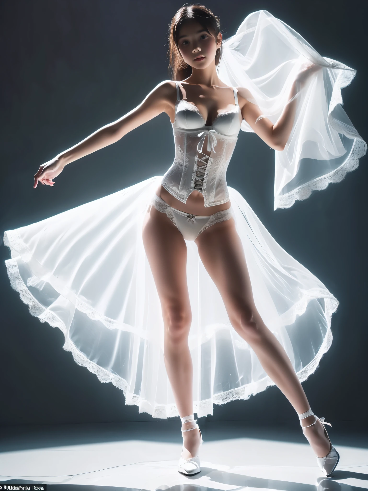 ((Full body portrait:1.5)),beautiful virgin with a baby face and like figure wearing pure white Sheer lace corset bustier,Practicing Erotie with a serious look,Camera angle shooting from below,showing panties,Ult definition,Highest quality