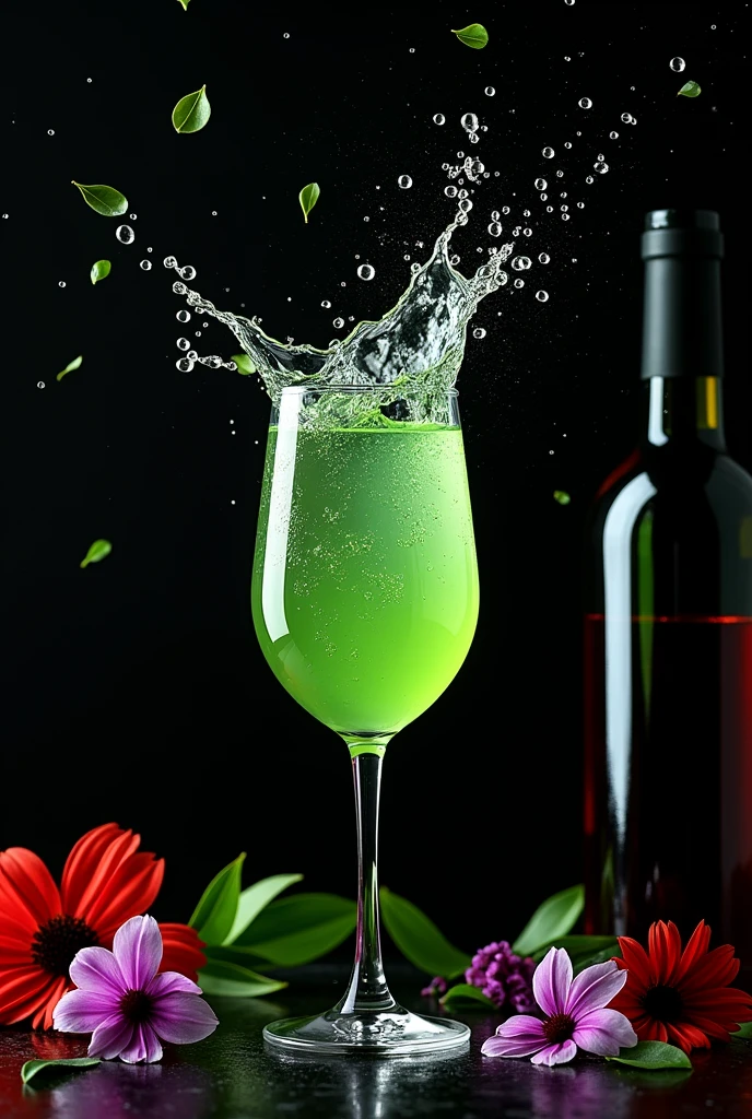 (Movie-like photos:1.3) of (Realistic:1.3) a studio shot of a (explode:0.2)  (Splash:0.9) a wine glass of green tea 、Clear green liquid，Transparent splash in a glass，There is very little liquid in the glass，
Contains , Splash Image, Full Color, In Kamba, splashes of liquid, Drink, flower, Next to Green Tea Leaves and Flower, Strong colors, ticker, Invoking joy, Water swirls, Fred Marcellin, Top selection when splash is removed, professional food photography, Artistic photography. Black background，Red and purple flowers on the table、Tea leaves fluttering，
Fantasy，A bottle of red wine is beside it，Bottleneck is black，Many leaves are falling、A lot of tea leaves are flying，splash、透明なsplash，
