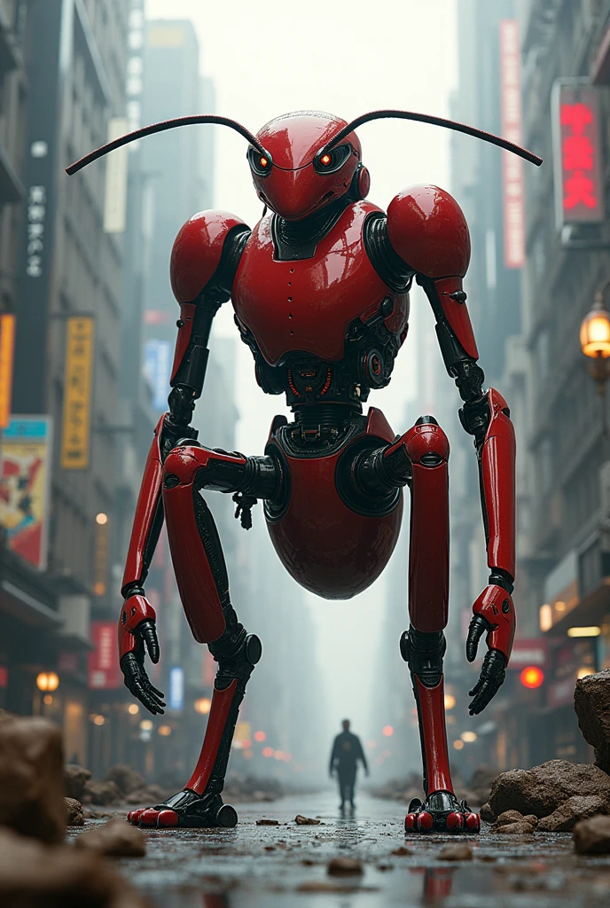 A ant standing like a robot in the city ant color is red like robot ant 
