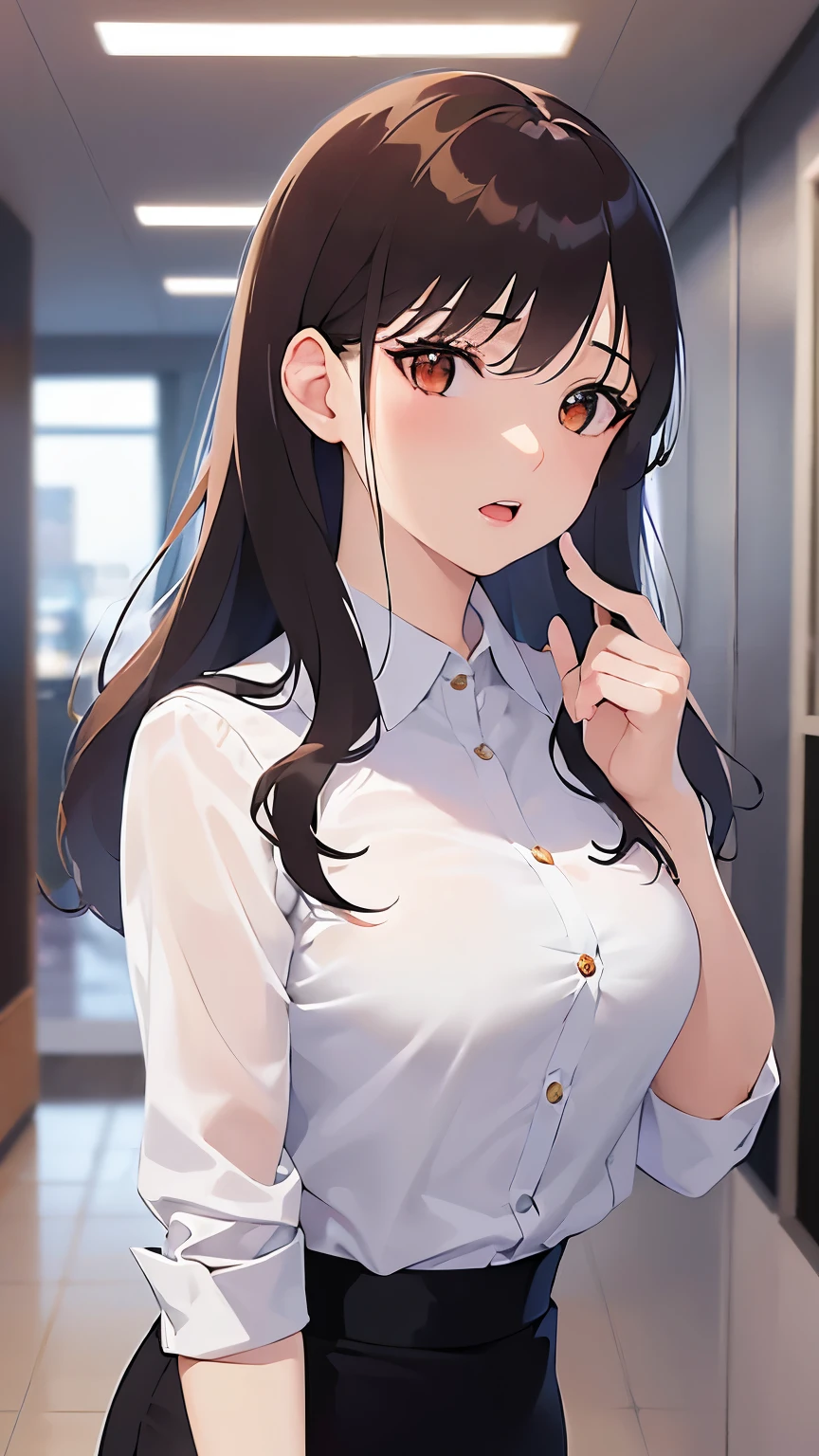 (looking at viewer:1.5)Upper Body,
Realistic, real person, (pale skin: 1.2), RAW photo, photorealistic, shiny skin, shiny hair、(A 2 woman with medium-length hair and bangs) and (wavy hair) and (brown hair) and (orange eyes) ,
(Wearing a business suit:1.5) and (Wearing a white collared shirt)、
Cleavage、blush,open mouth,The background is the conference room、(alone:1.5)