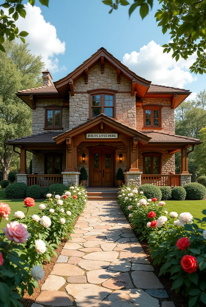 Panoramic image of a two-story country mansion with a wooden and stone facade and a sign that reads JESUS LIVES HERE, with leaf garden, flowers and fruits, with large garage, and a gate with a stone path to the house with white and red roses on the sides 