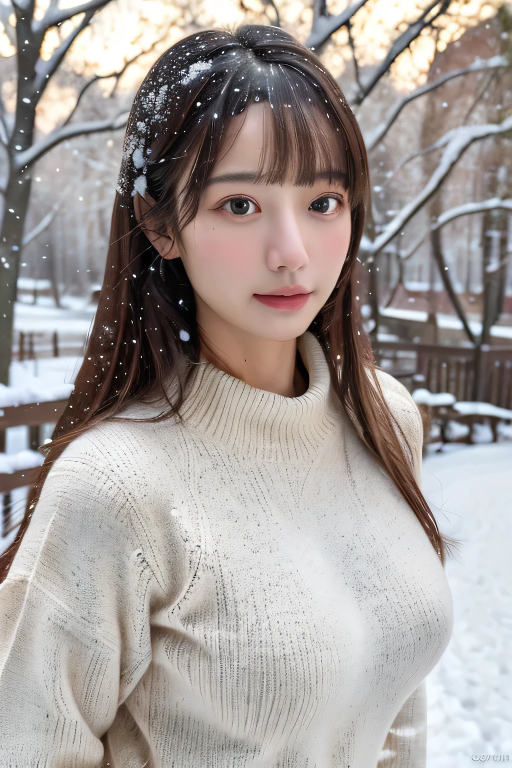 (masterpiece:1.35),(best-quality:1.4),8k,ultra-detailed,photography,(ultra-realistic:1.4), adult girl, long hair, sweater, snowing background, Large Breast, Slim Body,