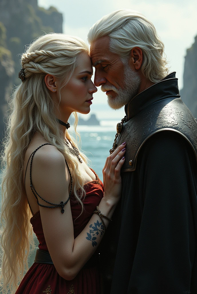 Create the image of a Targaryen woman next to a Lannister man