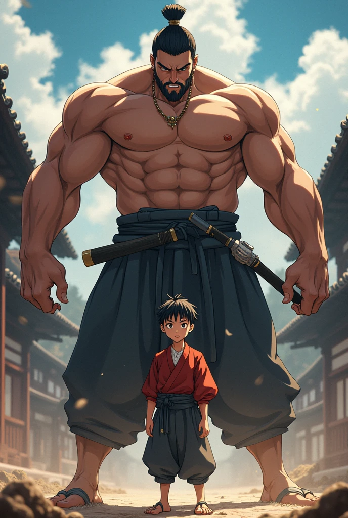 A dynamic anime-style poster set in feudal Japan. A nearly adolescent boy faces off against a tall, extremely muscular man who is shirtless. The scene is intense, capturing a moment of confrontation with both characters in dynamic, action-packed poses. The background is reminiscent of the Japanese feudal era, featuring traditional elements like wooden buildings or a battlefield. The lighting is dramatic and natural, with a focus on highlighting the detailed anatomy and expressions of both characters. The boy is determined, while the muscular man exudes power. The scene is rendered in 16K resolution, with HDR, ray tracing, and natural lighting to create a high-quality, masterpiece-level image. The faces and eyes of the characters are highly detailed, reflecting their intense emotions. The overall composition should be reminiscent of award-winning anime art, with a realistic yet stylized approach that is trending on art stations.