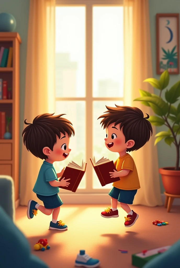 Twins of  four years age are  at home one  boy is jumping  and playing  in happy mood other boy  is reading books 