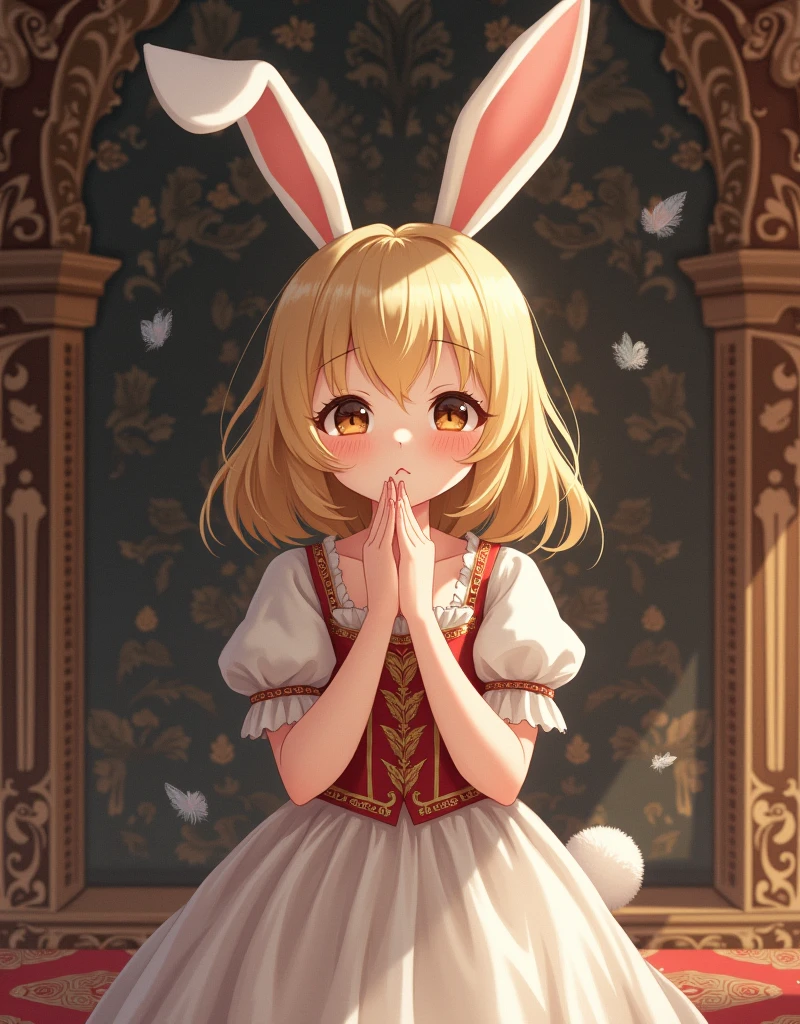 A girl with bunny ears, slim body, innocent face, dark blonde hair, ((medieval outfit)), ((Anime Style)).