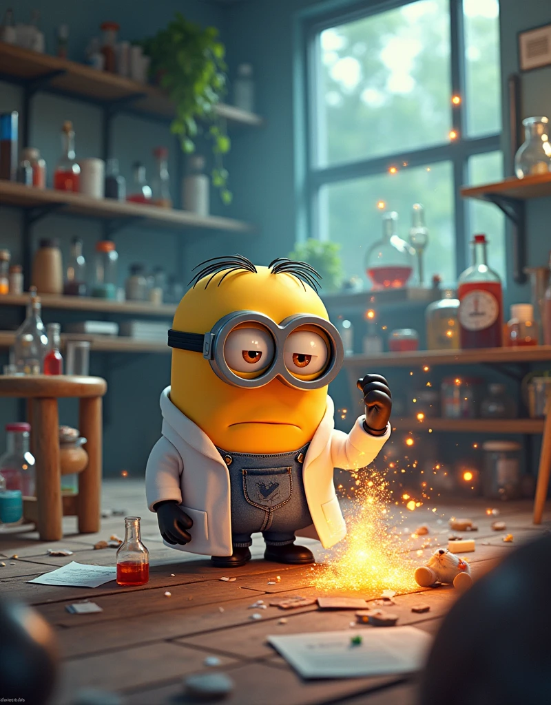 Minion Kevin the scientist in the lab scene creating a small explosion. The lab was in chaos with equipment scattered everywhere..