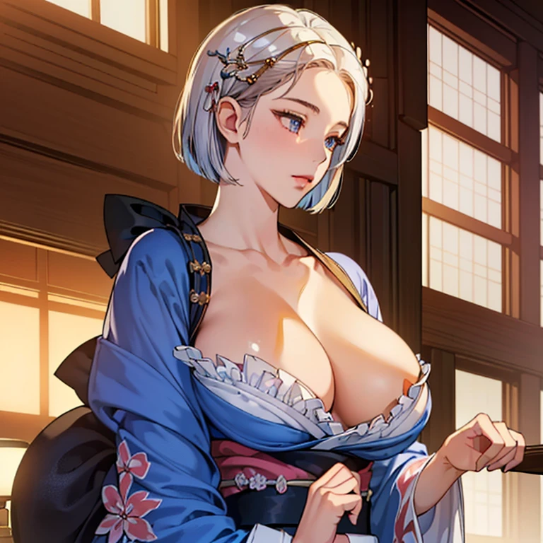 (High resolution)),((Game CG)),(masterpiece),(highest quality), (Very detailed),shape,((Very delicate and beautiful)), Fantasy, Very embarrassed look,Looking at the audience,(((1 female)),((whole body)),Detailed face and eyes,Jewel-like eyes,(Short Bob),,,(Super huge breasts,Long and slightly saggy breasts,) Kimono Hairpin Sarashi Gorgeous Kimono